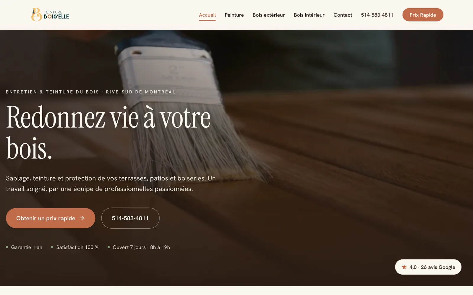 Site web de Teinture Bois'Elle, Entretien et teinture du bois à Rive-Sud